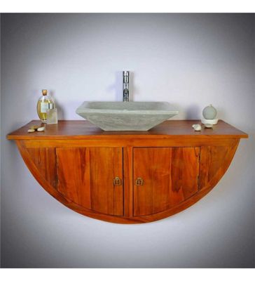 Ensemble meuble de salle de bain suspendu en teck 120 cm avec miroir et vasque grise
