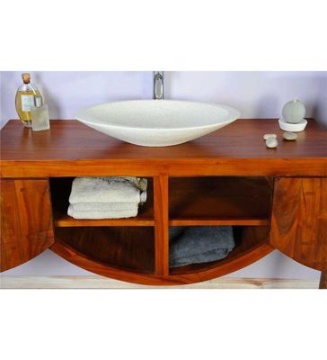 Ensemble meuble de salle de bain suspendu en teck 120 cm avec miroir et vasque grise
