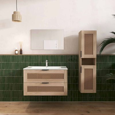 Ensemble Meuble de Salle de Bains 80 cm et Colonne - Decor Bois et Cannage - APOLLINE