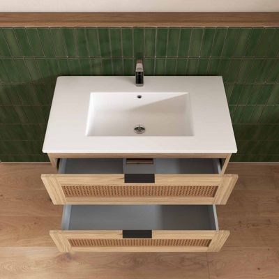 Ensemble Meuble de Salle de Bains 80 cm et Colonne - Decor Bois et Cannage - APOLLINE