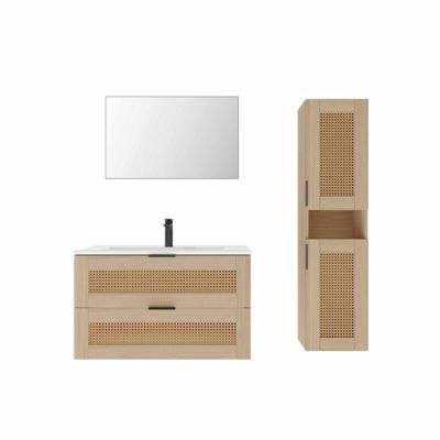 Ensemble Meuble de Salle de Bains 80 cm et Colonne - Decor Bois et Cannage - APOLLINE