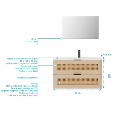 Ensemble Meuble de Salle de Bains 80 cm et Colonne - Decor Bois et Cannage - APOLLINE