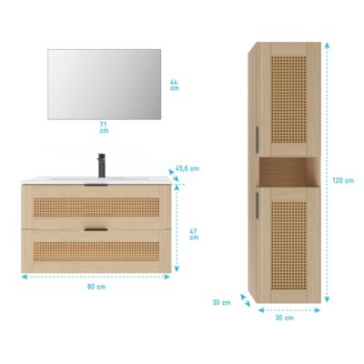 Ensemble Meuble de Salle de Bains 80 cm et Colonne - Decor Bois et Cannage - APOLLINE