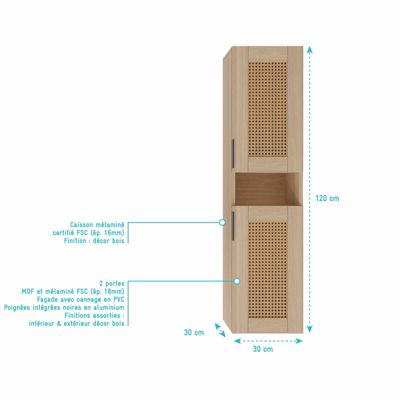 Ensemble Meuble de Salle de Bains 80 cm et Colonne - Decor Bois et Cannage - APOLLINE