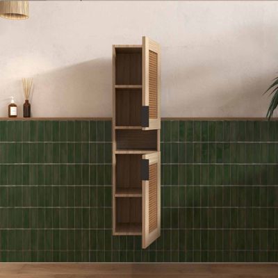 Ensemble Meuble de Salle de Bains 80 cm et Colonne - Decor Bois et Cannage - APOLLINE