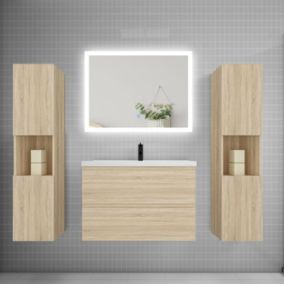 Ensemble meuble de salle de bains 80cm, simple vasque + colonne + LED miroir rectangulaire,chêne