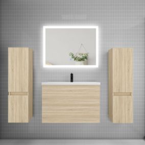 Ensemble meuble de salle de bains 80cm, simple vasque + colonne + miroir rectangulaire,chêne