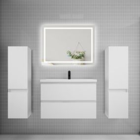 Ensemble meuble de salle de bains 80cm, vasque + colonne + LED miroir,blanc