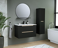 Ensemble meuble de salle de bains à suspendre l.80 cm noir mat avec plan vasque céramique + miroir, Prizo