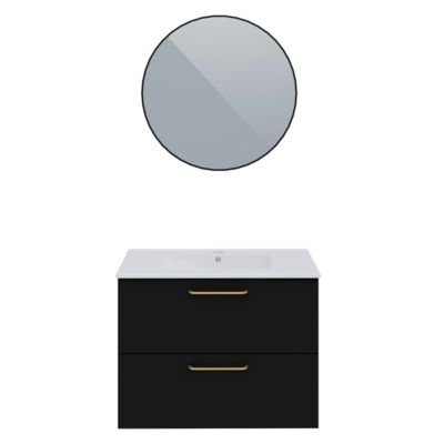 Ensemble meuble Dorus l.80 cm noir mat et poignées dorées + vasque céramique + miroir rond