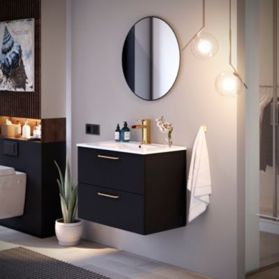 Ensemble meuble Dorus l.80 cm noir mat et poignées dorées + vasque céramique + miroir rond