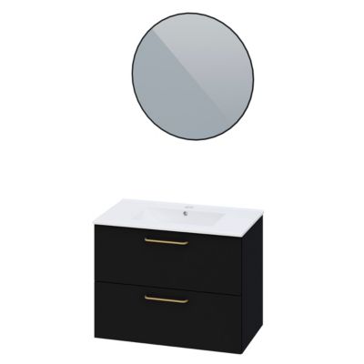 Ensemble meuble Dorus l.80 cm noir mat et poignées dorées + vasque céramique + miroir rond