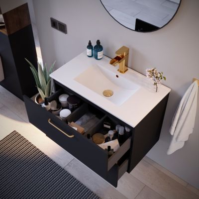 Ensemble meuble Dorus l.80 cm noir mat et poignées dorées + vasque céramique + miroir rond