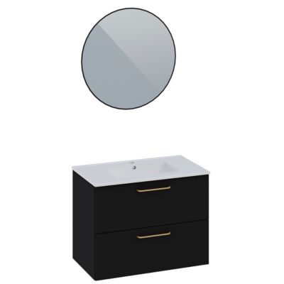 Ensemble meuble Dorus l.80 cm noir mat et poignées dorées + vasque céramique + miroir rond