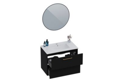 Ensemble meuble Dorus l.80 cm noir mat et poignées dorées + vasque céramique + miroir rond