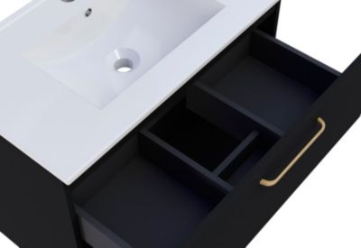 Ensemble meuble Dorus l.80 cm noir mat et poignées dorées + vasque céramique + miroir rond