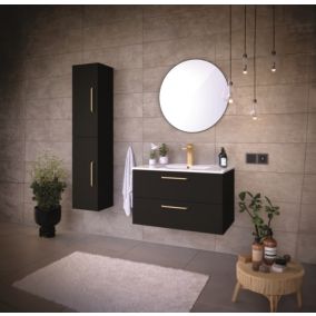 Ensemble meuble Dorus l.80 cm noir mat et poignées dorées + vasque céramique + miroir rond