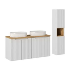 Ensemble meuble double vasque 120cm 4 portes et colonne Riva Blanc et Bois