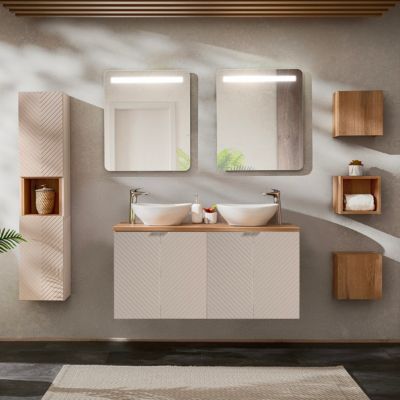 Ensemble meuble double vasque 120cm 4 portes miroirs LED colonne et 3 armoires murales Manoa Cachemire et Bois