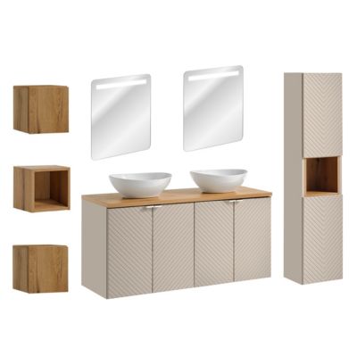 Ensemble meuble double vasque 120cm 4 portes miroirs LED colonne et 3 armoires murales Manoa Cachemire et Bois