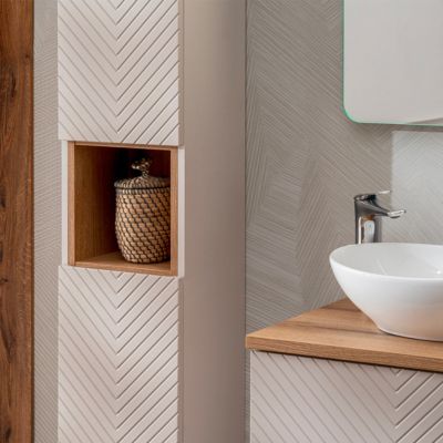 Ensemble meuble double vasque 120cm 4 portes miroirs LED colonne et 3 armoires murales Manoa Cachemire et Bois
