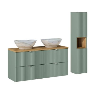 Ensemble meuble double vasque 120cm 4 tiroirs et colonne Jade Vert et Bois