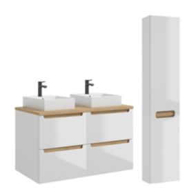 Ensemble meuble double vasque 120cm 4 tiroirs et colonne Livia Blanc et Bois