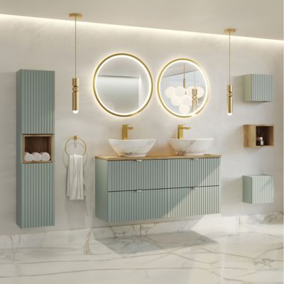 Ensemble meuble double vasque 120cm 4 tiroirs miroirs LED colonne et 3 armoires murales Jade Vert et Bois