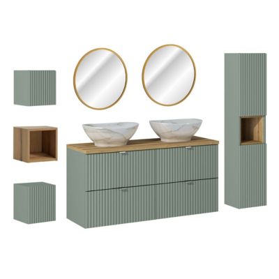 Ensemble meuble double vasque 120cm 4 tiroirs miroirs LED colonne et 3 armoires murales Jade Vert et Bois