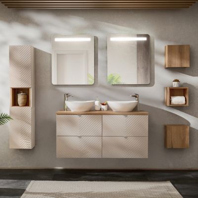Ensemble meuble double vasque 120cm 4 tiroirs miroirs LED colonne et 3 armoires murales Manoa Cachemire et Bois
