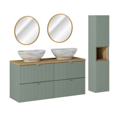Ensemble meuble double vasque 120cm 4 tiroirs miroirs LED et colonne Jade Vert et Bois