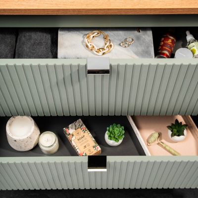 Ensemble meuble double vasque 120cm 4 tiroirs miroirs LED et colonne Jade Vert et Bois