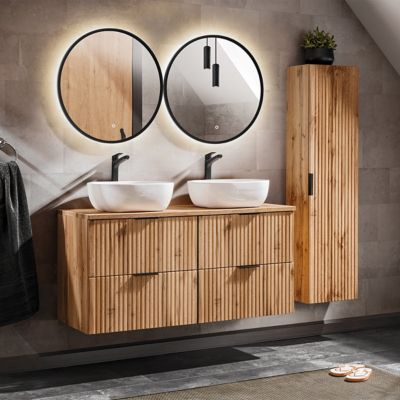 Ensemble meuble double vasque 120cm miroirs LED et colonne Adriel Bois