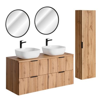 Ensemble meuble double vasque 120cm miroirs LED et colonne Adriel Bois