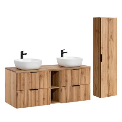 Ensemble meuble double vasque 140cm 2 niches et colonne Adriel Bois