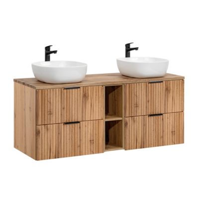 Ensemble meuble double vasque 140cm 2 niches et colonne Adriel Bois