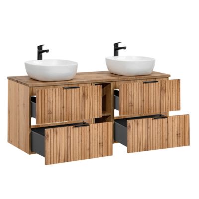 Ensemble meuble double vasque 140cm 2 niches et colonne Adriel Bois