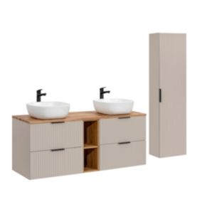 Ensemble meuble double vasque 140cm 2 niches et colonne Adriel Cachemire et Bois