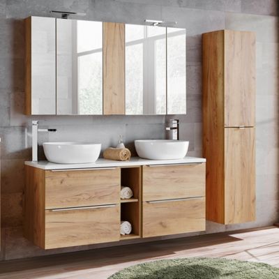 Ensemble meuble double vasque 140cm 2 niches et colonne April Bois et Blanc