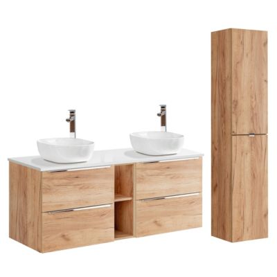 Ensemble meuble double vasque 140cm 2 niches et colonne April Bois et Blanc