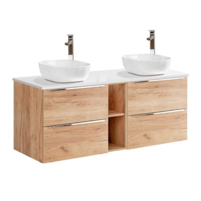 Ensemble meuble double vasque 140cm 2 niches et colonne April Bois et Blanc