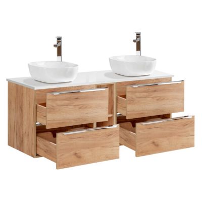 Ensemble meuble double vasque 140cm 2 niches et colonne April Bois et Blanc