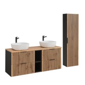 Ensemble meuble double vasque 140cm 2 niches et colonne Gaia Bois et Noir