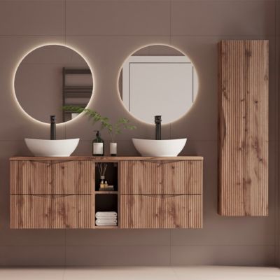 Ensemble meuble double vasque 140cm 2 niches et colonne Tao Bois