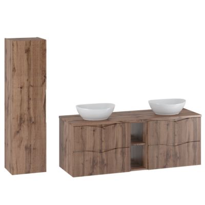 Ensemble meuble double vasque 140cm 2 niches et colonne Tao Bois
