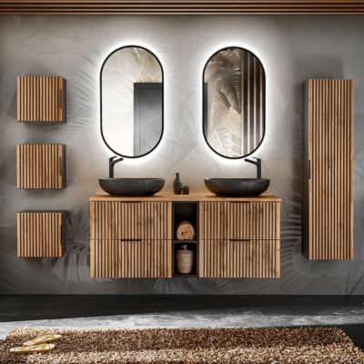 Ensemble meuble double vasque 140cm 2 niches miroirs LED colonne et 3 armoires murales Gaia Bois et Noir - Vasque Noir
