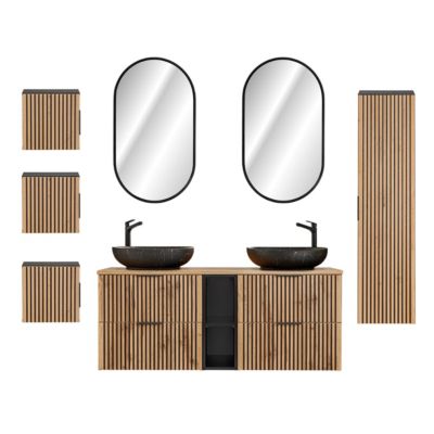 Ensemble meuble double vasque 140cm 2 niches miroirs LED colonne et 3 armoires murales Gaia Bois et Noir - Vasque Noir