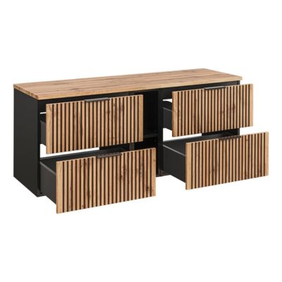 Ensemble meuble double vasque 140cm 2 niches miroirs LED colonne et 3 armoires murales Gaia Bois et Noir - Vasque Noir