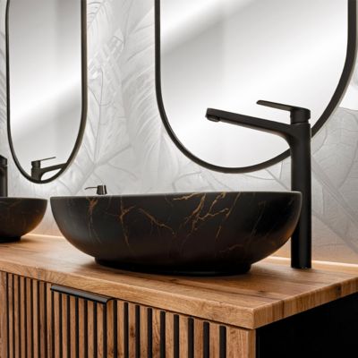 Ensemble meuble double vasque 140cm 2 niches miroirs LED colonne et 3 armoires murales Gaia Bois et Noir - Vasque Noir
