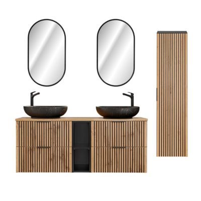 Ensemble meuble double vasque 140cm 2 niches miroirs LED et colonne Gaia Bois et Noir - Vasque Noir
